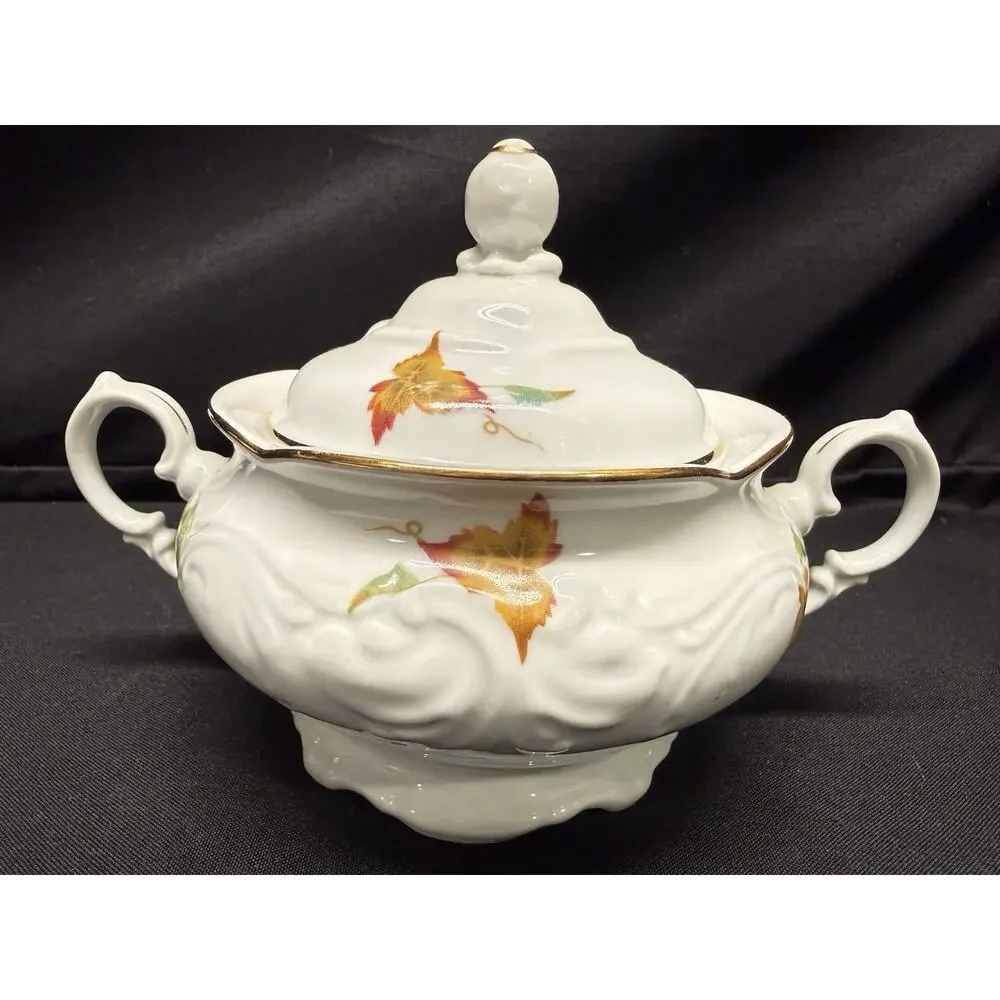 Vintage Walbrzych Sugar & Creamer Dish Set Autumn Leaves Gold Gilding Porcelain